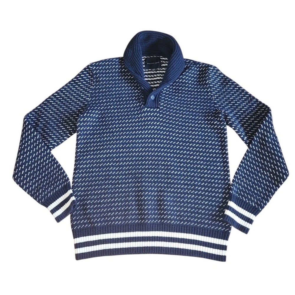 American Eagle Mens Shawl Collar Sweater Navy Blue White Knit Pullover Med 664